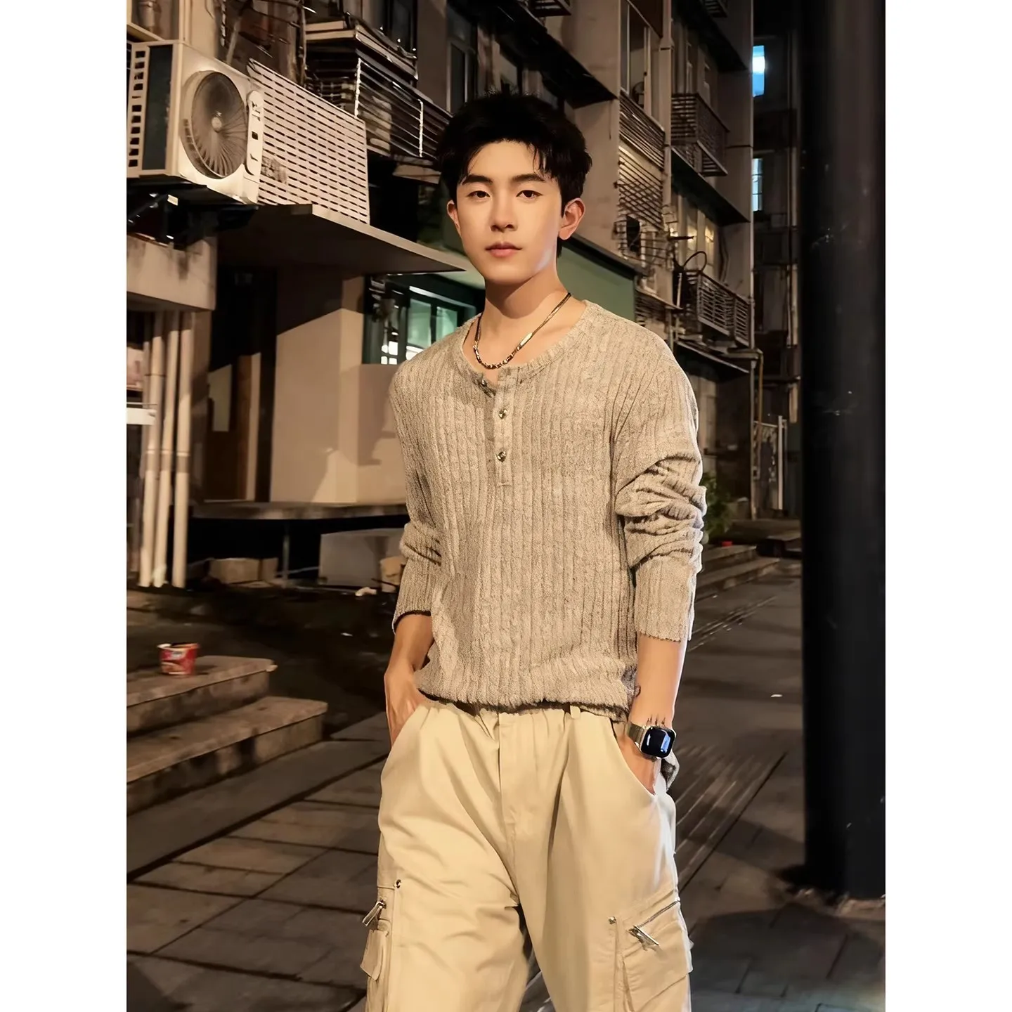 Autumn Men Vertical Striped Henry Collar Long Sleeve T Shirts Vintage Minimalist High Grade Casual
