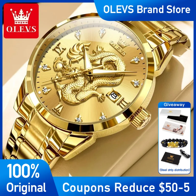 

OLEVS Men's Watches luxury Brand Original Quartz Watch for Man China Loong Dragon Dial Waterproof Luminous date Watch