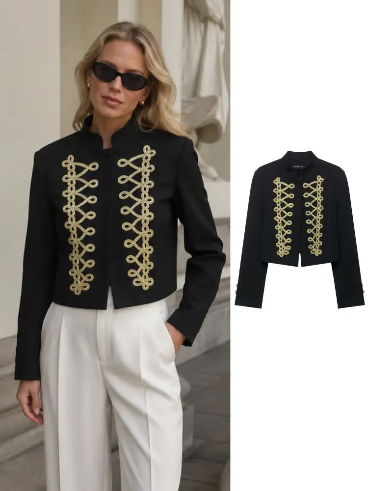 HH Women Elegant Retro Black Short Military Coat Spring Autumn Stand Collar  Fitted Outerwear For Party Dating Street Casual Wea