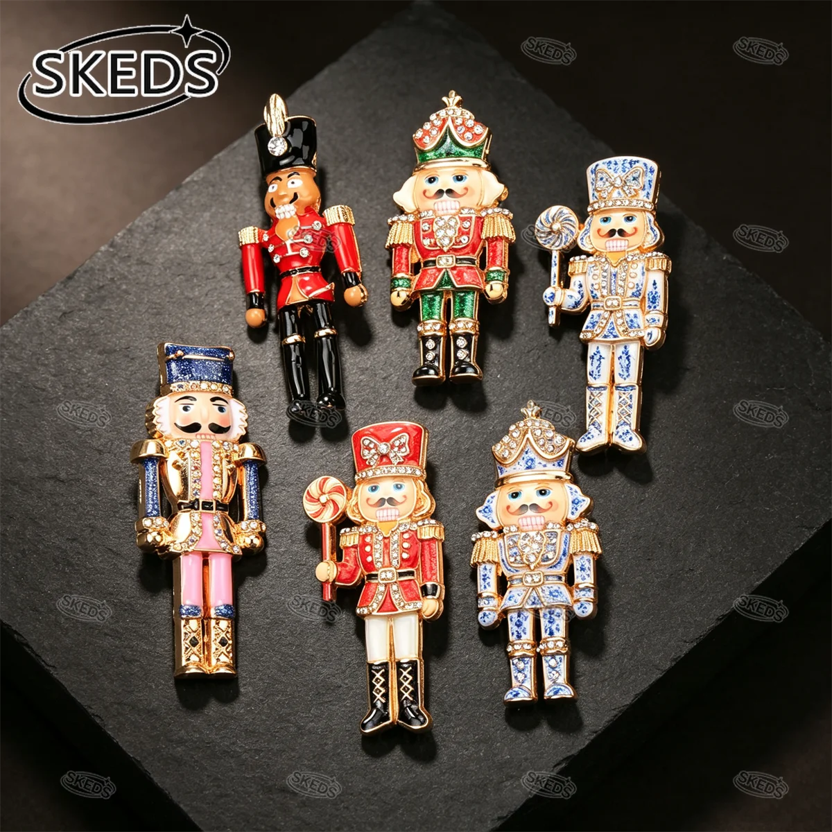 SKEDS Blue and White Porcelain Style Nutcracker Soldier Brooch Retro Rhinestone Doll Lapel Pin Christmas Classic Ornament Gift