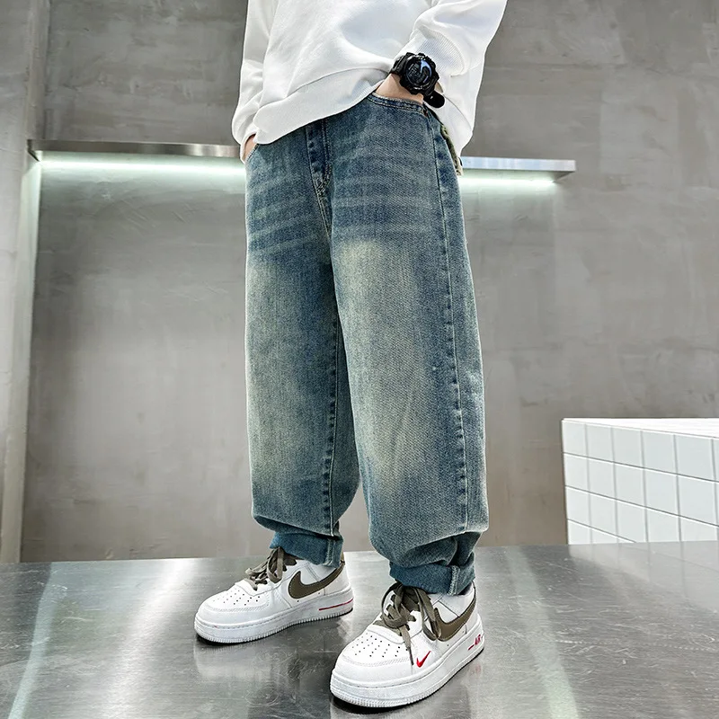 Teenage Boy Casual Loose Fit Cargo Jeans Denim Pants with Pockets Kids Fashion Street Style Trousers