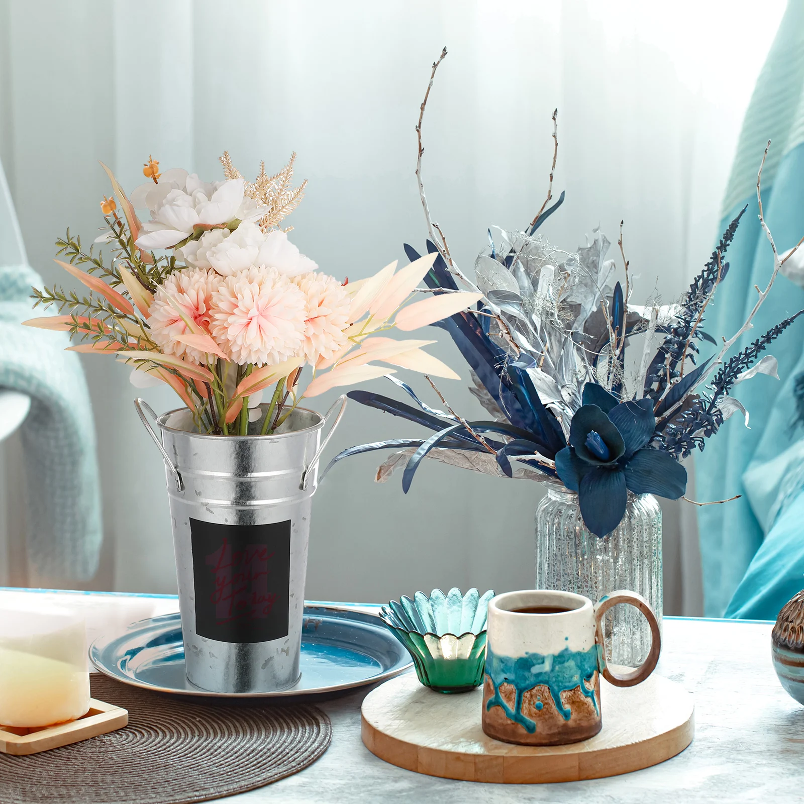

1pc Waterproof Blackboard Sticker Flower Bucket Iron Sheet Planter Hydroponics Container Display Tub For Flower Shop Home Office