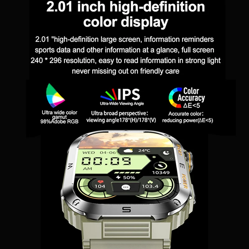 Rugged And Durable Military Smart Watch Ip68 Waterproof 2.01 \'\' HD Display Bluetooth Voice Smart Watch For Android IOS XIAOMI