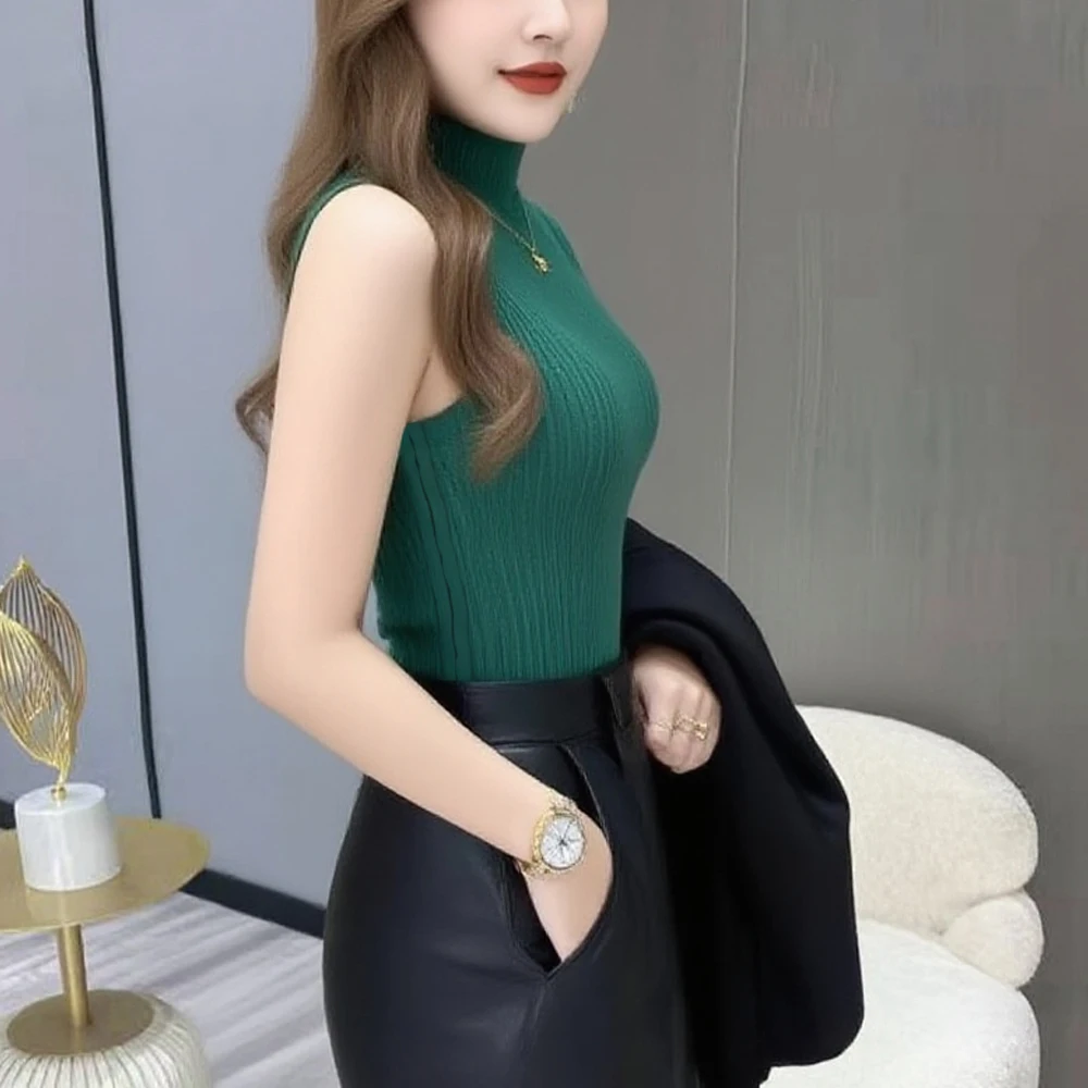 

Black White Half High Neck Sleeveless Sweater T Shirt For Women Clothing S-XL Elastic Crochet Top Solid Slim Knit Tank Woman