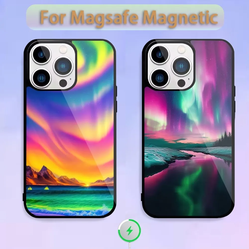 Beautiful Northern Lights Phone Case For Magnetic Inductive Charging iPhone 15 14 13 11 12 Max Plus Pro Mini Shell