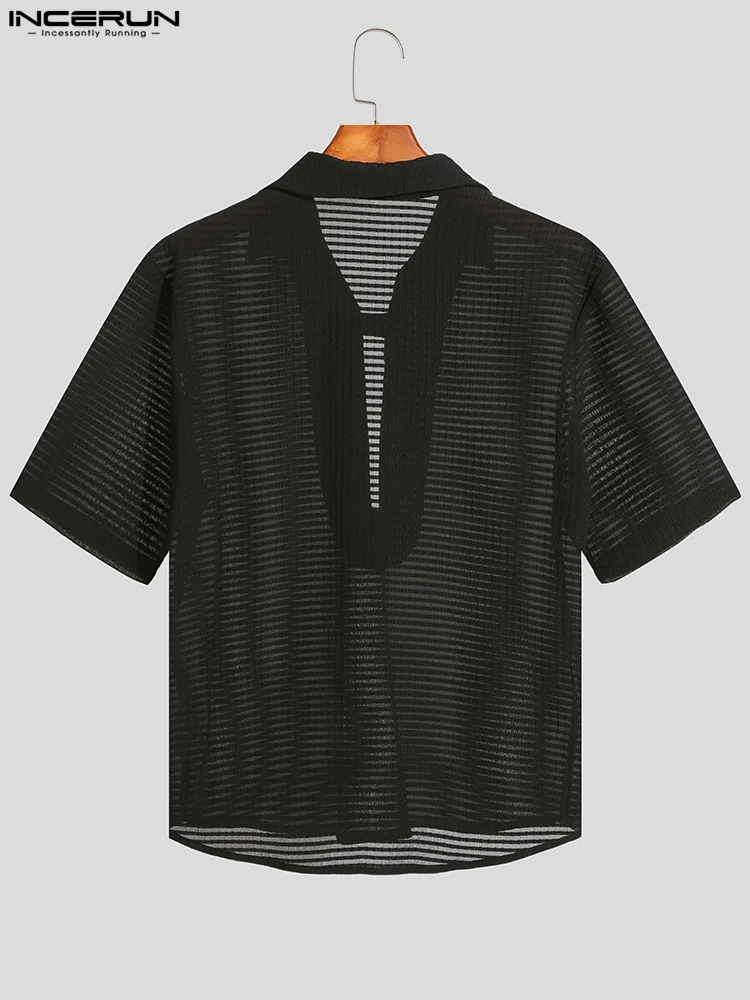 INCERUN-Tops informales de estilo Simple para hombre, Blusa de manga corta con textura ligeramente transparente, a la moda, con abertura en el