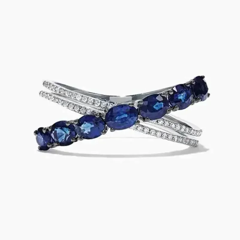 2026 Creative Gift Ring Personality X Shaped Design With Blue Cubic Zircon Prong Setting Custom Summer Style Finger