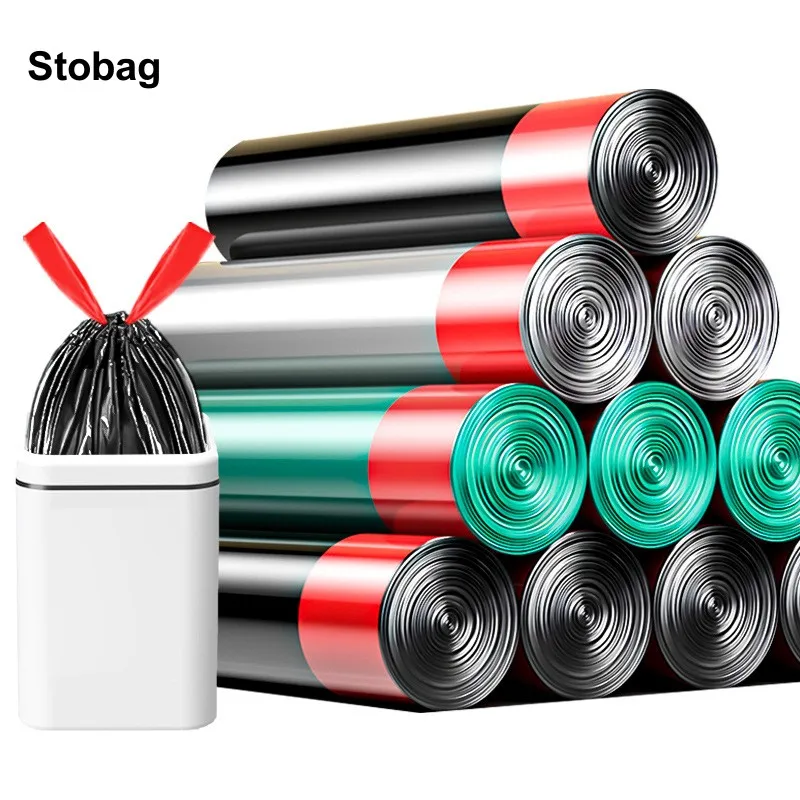 StoBag 75pcs Black Garbage Plastic Bag Drawstring Tote Thick Large Takeaway Packaging with Handle Pouches Kitchen Home Wholesale