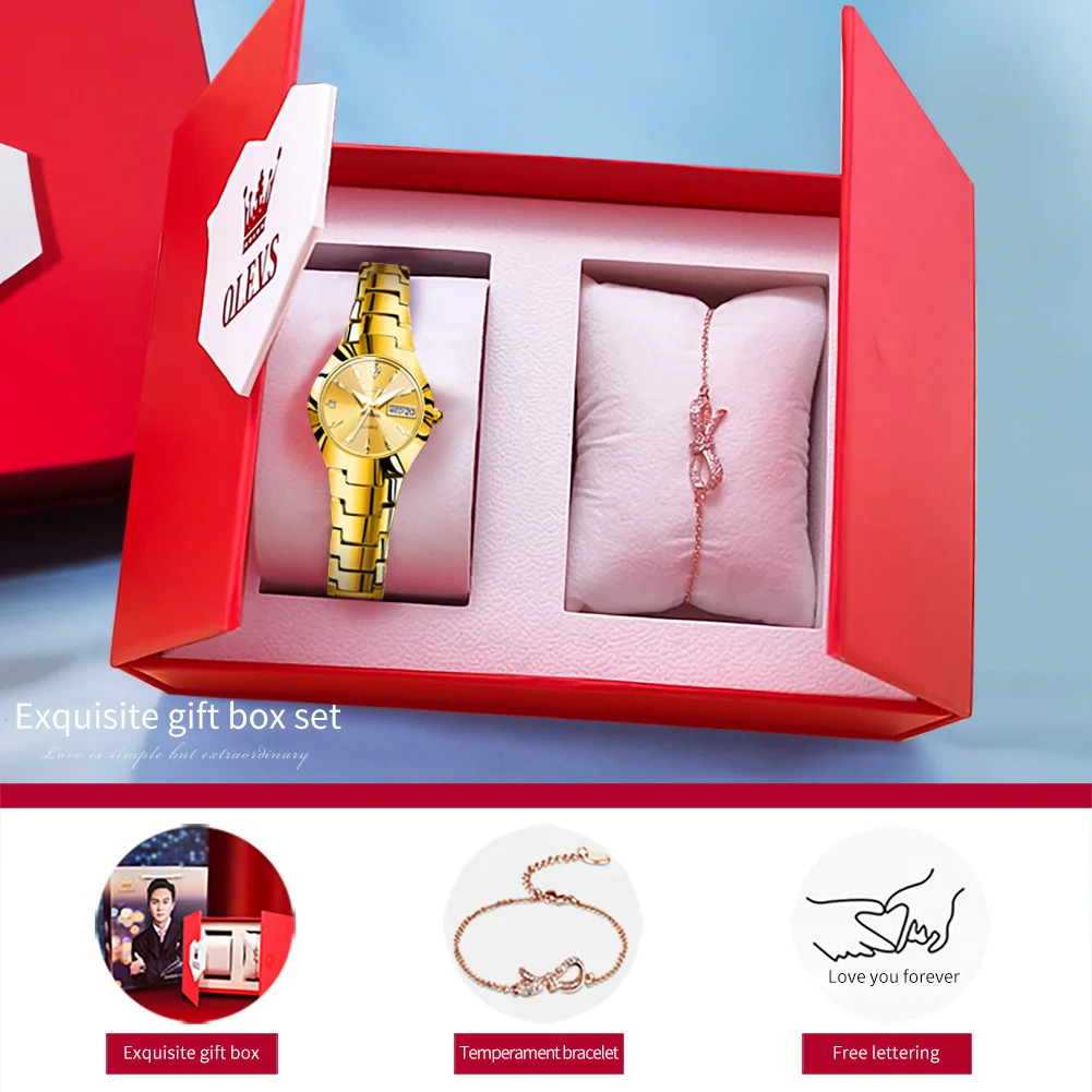 OLEVS 8697 Orologio da donna Orologio da polso al quarzo originale Rombo Specchio Acciaio al tungsteno Giorno Data Orologi per donna Set di braccialetti Reloj