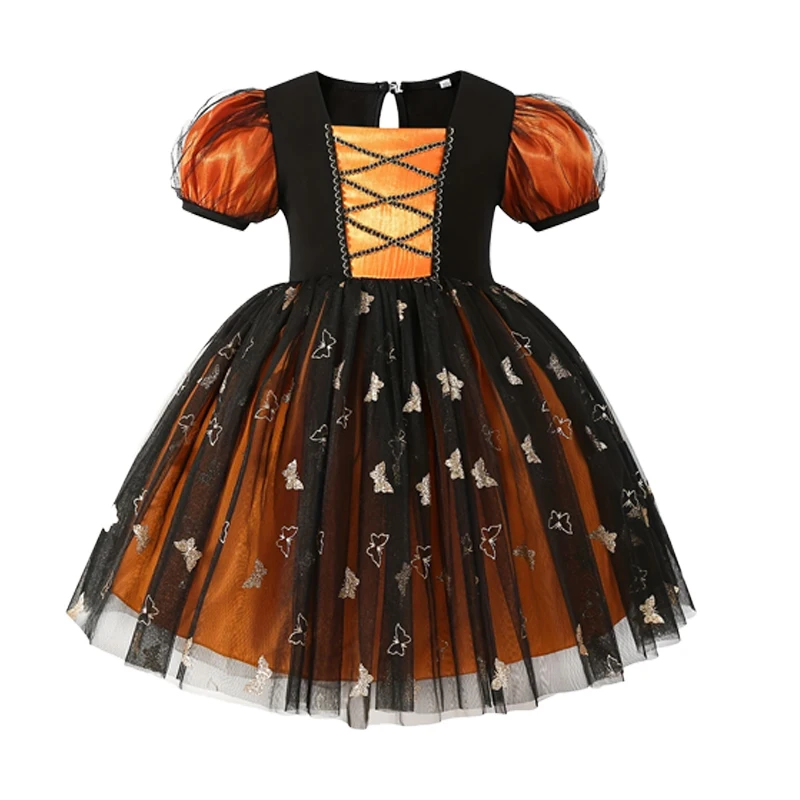 

Kids Orange Black Color Matching Bubble Sleeve Princess Dress Lace Printed Girls Round Neck Short Sleeve Puffy Halloween Dress
