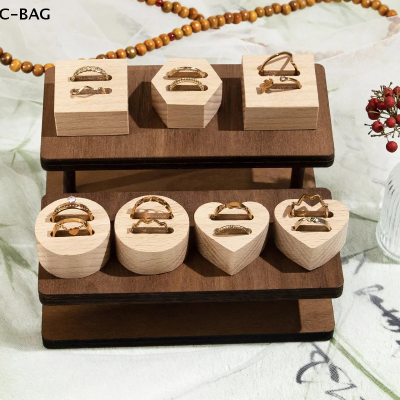 حامل عرض حلقي للمجوهرات الخشبية - حامل منظم مستدير/مربع/قلب مفرد/فتحة مزدوجة لنوافذ عداد الحلقة