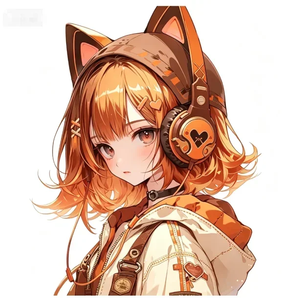 2D Flat 1Pc Orange Hair Cat Ear Headset Anime Girl Vinyl Sticker, Waterproof Decal for Car Motorcycle Laptop Decor, Holiday Gift