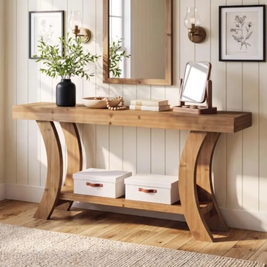 Farmhouse solid wood console table for living room, natural wood color, spacious storage shelf and rustic charm view 6
