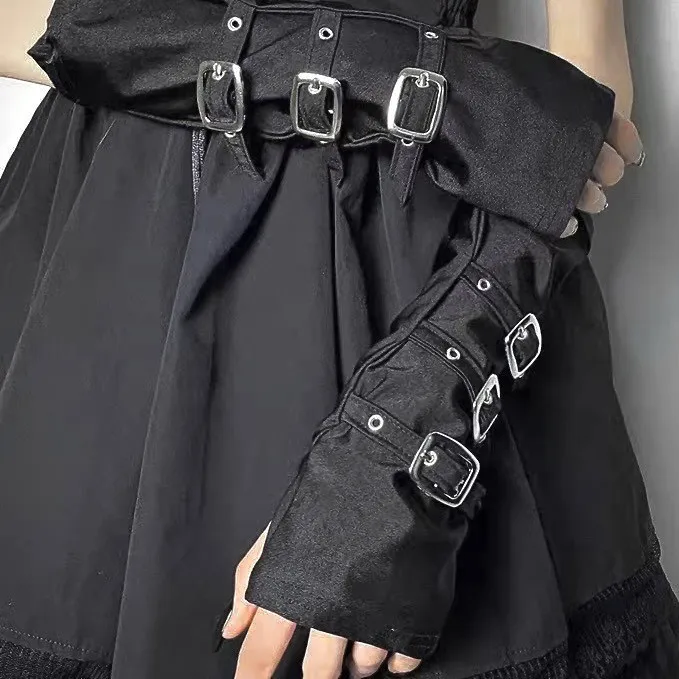 Hebilla de Metal gótica oscura, pulsera de dedo medio abierto, guantes, correa de muñeca, calentador de brazo, Punk, Cosplay, accesorios de disfraz