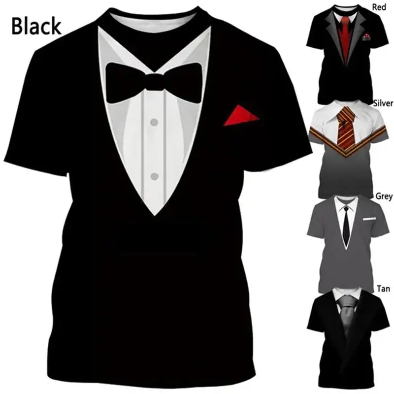 Fake Suit Bow Tie 3D T Shirt Summer Men Sir T-shirt Funny Tuxedo Retro Tie Suit Print Gentleman T-shirt Casual Short Sleeve Tops