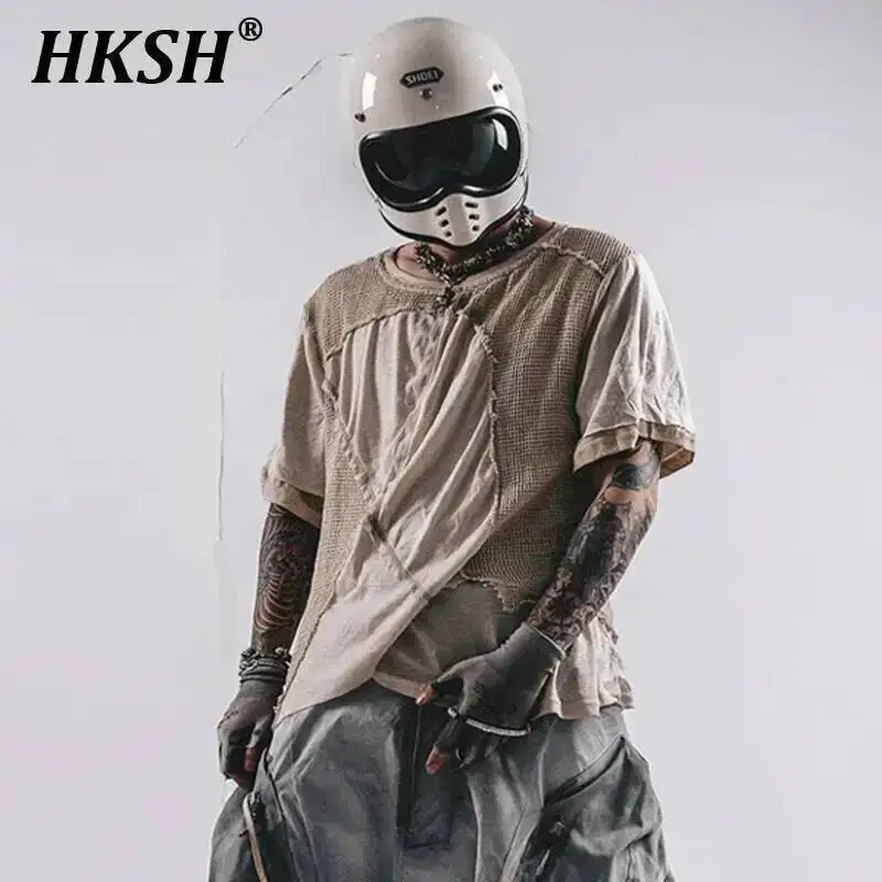 

HKSH Summer New Retro Waste Land Style Double Layer Dirty Washed Mesh Cotton T-shirts Splicing Techwear Short Sleeve Tees HK4632