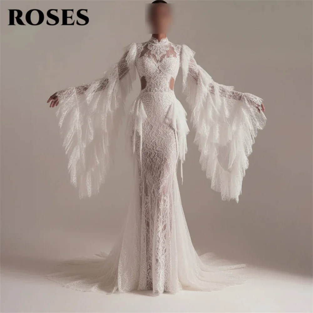 ROSES White Lace Formal Gown Off the Shoulder Flared Cuff Prom Dresses Sexy Open Back Evening Dresses Modern Style Customized