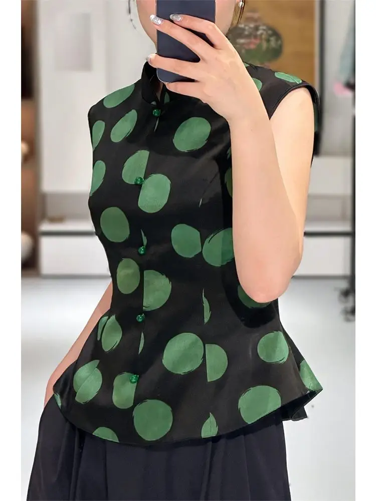 

Summer Fashion Waist Top For Women, New Black Dot Button Sleeveless Shirt For Women