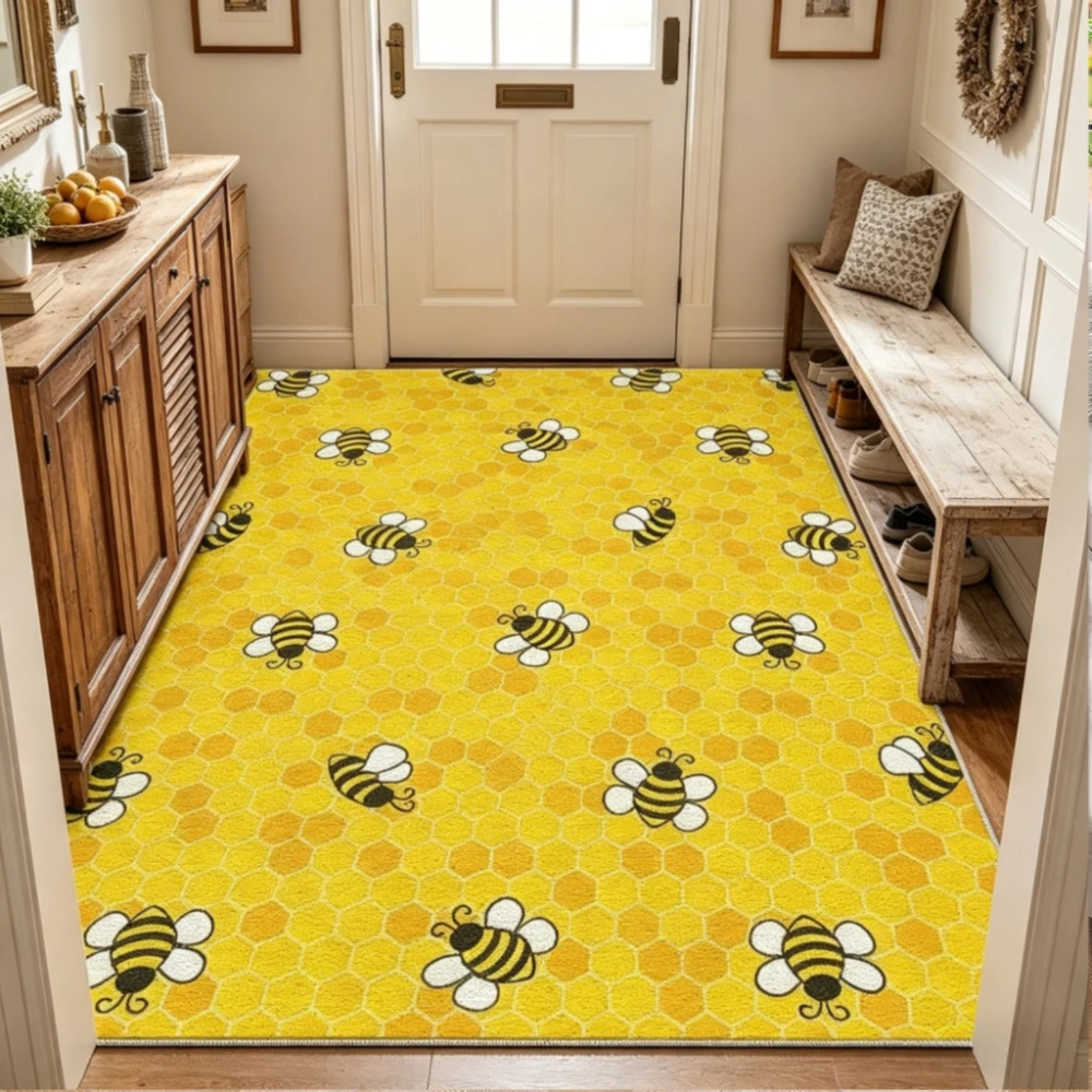 Yellow Bee‑Hive Pattern Floor Rug, Non‑Slip Machine‑Washable for Under‑Bed Indoor Outdoor Home Decor