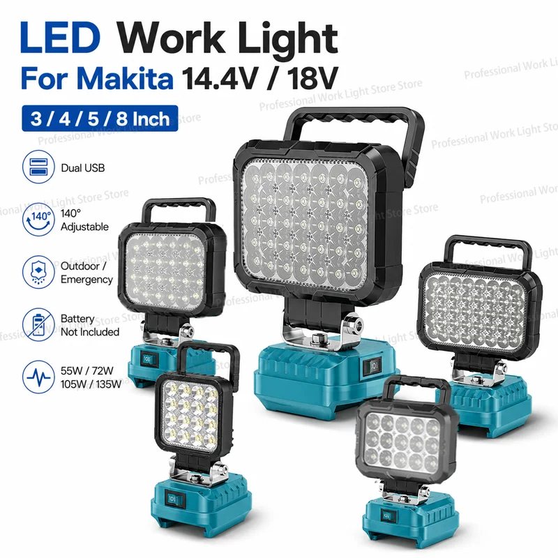 LED Work Light 3/4/8Inch For Makita 14.4V 18V Li-ion Battery Lamp With USB Outdoor Flashlight Lantern Camping Emergency Light