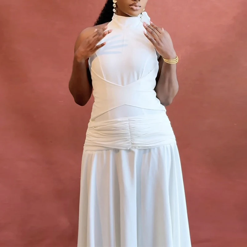 

Новое летнее платье макси с завышенной талией, на бретельках, с кружевной завязкой, с широким подолом, для офиса, модное, без рукавов, с вырезами, плиссированное