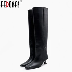 FEDONAS-Salto alto de couro genuíno feminino, botas de cavaleiro longas e quentes, sapatos femininos, moda outono-inverno