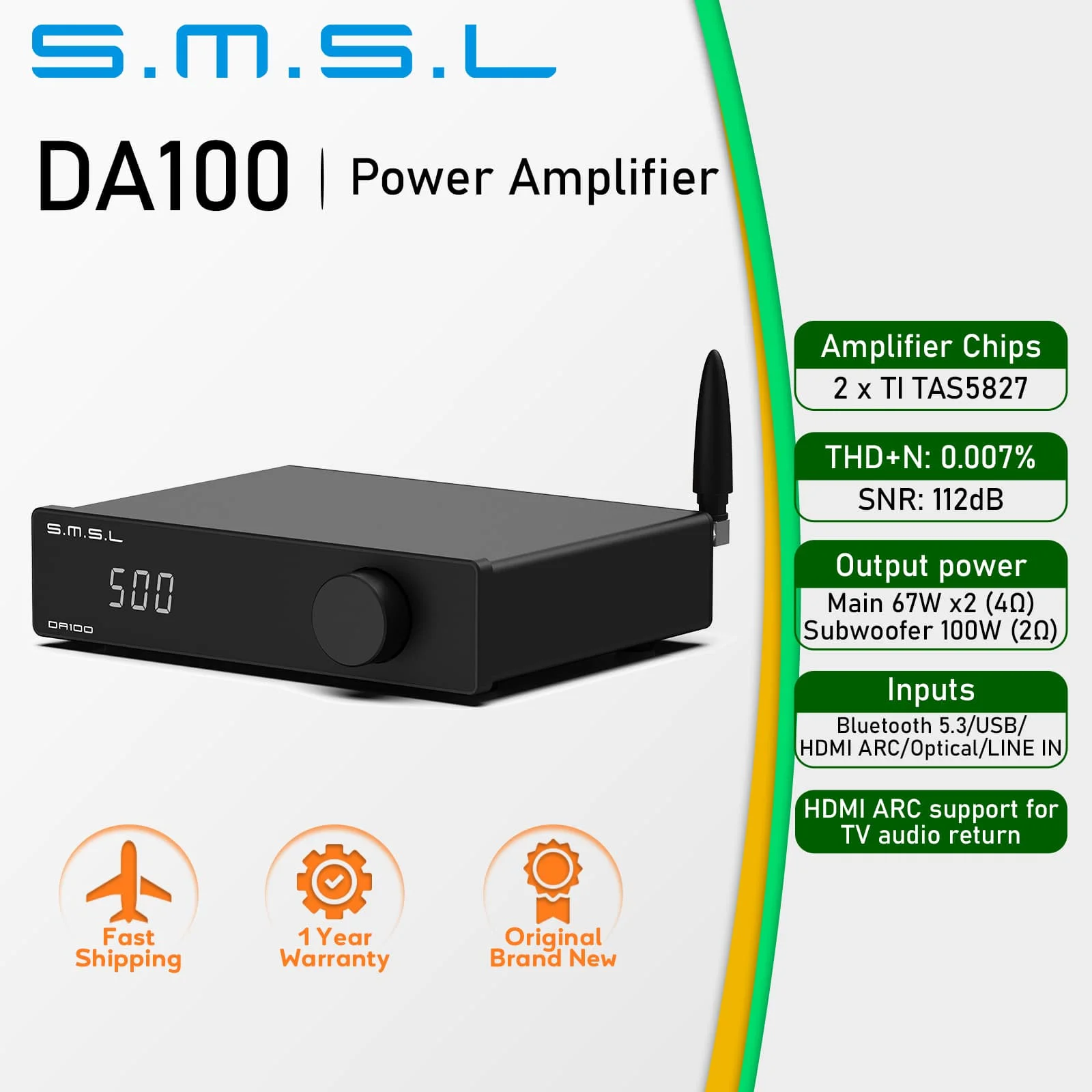 SMSL DA100 パワーアンプ Bluetooth5.3 100W