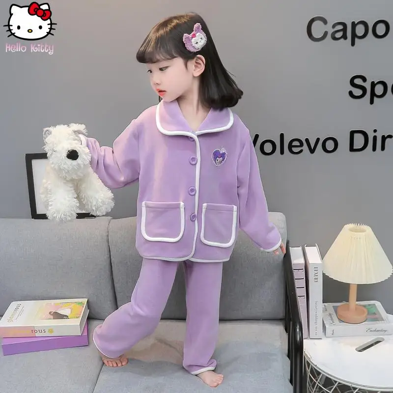 

Зимний детский пижамный комплект Sanrio Kuromi Melody в стиле аниме, теплая одежда для сна с лацканами Kawaii, утепленная одежда для девочек с героями мультфильмов, милая домашняя одежда