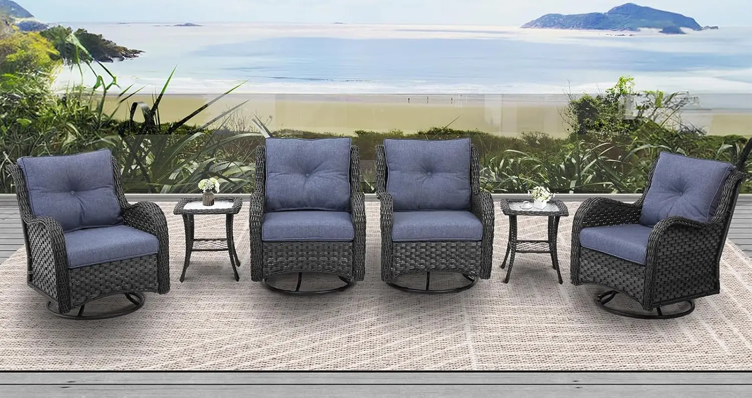 6 Pieces Outdoor Patio Furniture Set, Rattan Wicker Swivel Rocker Chairs Sets with Swivel Glider Chairs and Coffee Table