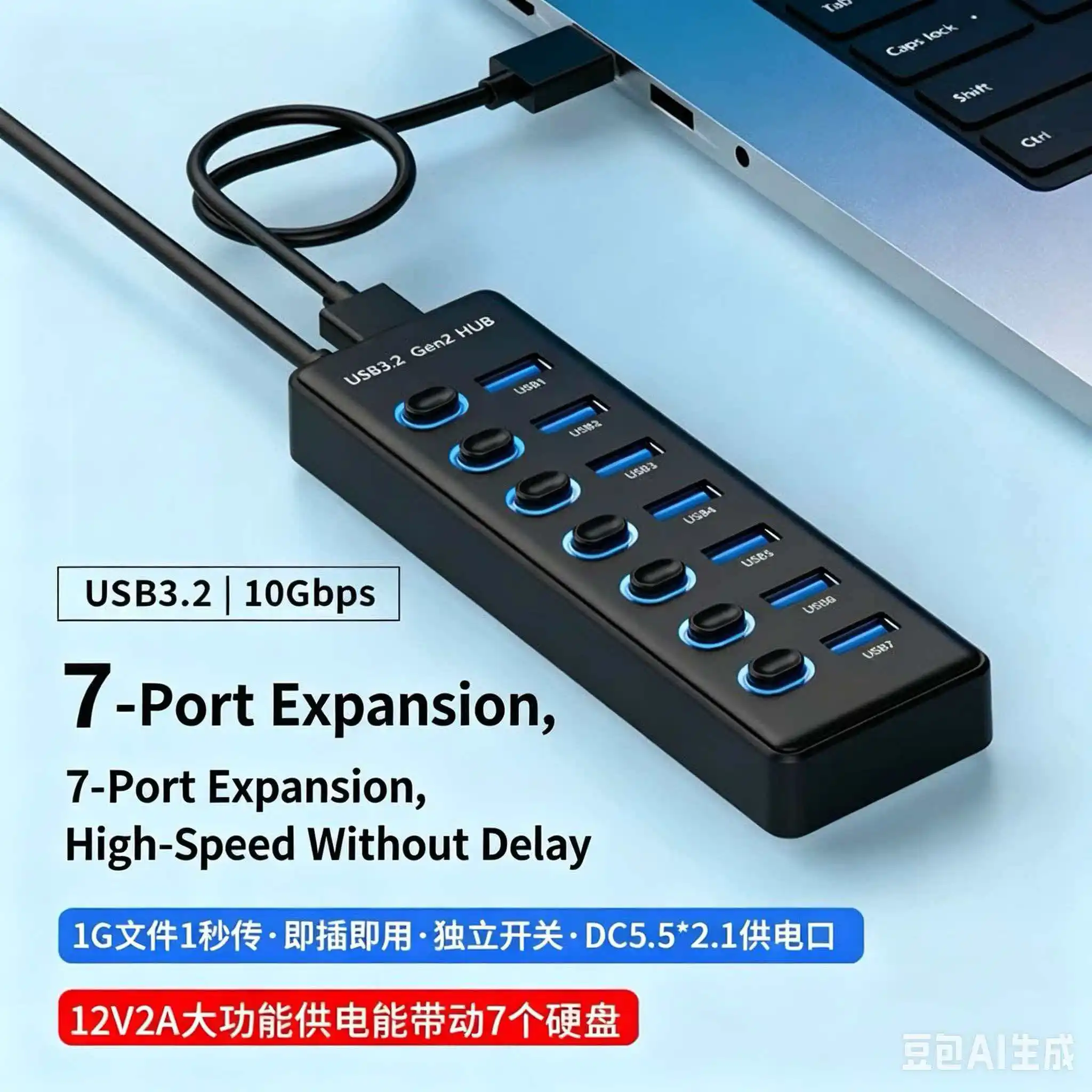 7-Port USB 3.2 Gen2 Hub, 10Gbps High Speed Data Transfer Hub with 12V 2A Power Supply, Individual On/Off Switches, DC 5.5x2.1 Po