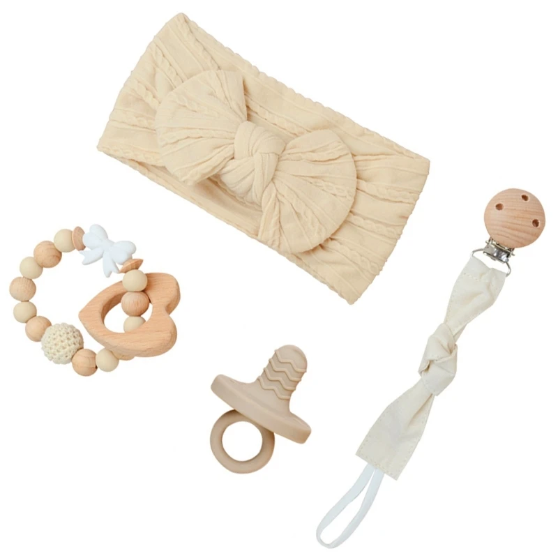 Comfortable Grip Baby Soothing Nipples with Bowknot Headband Hairband & Pacifier Clip Chain & Beads Teething Bracelet