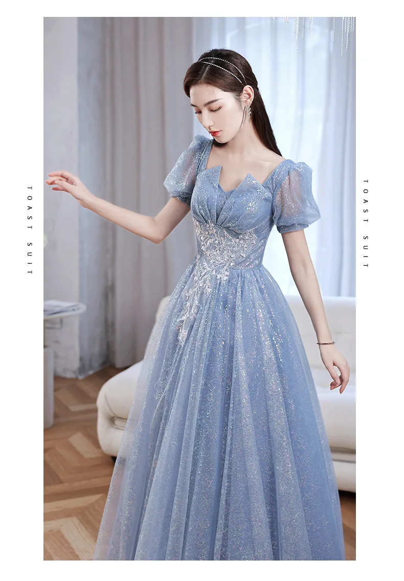 Staubiges Blaues Puffärmel-Glitzer-Tüll-Abendkleid mit Sweetheart-Ausschnitt, A-Linie, Bodenlang, Formelles Ballkleid, Hochzeitspartykleid – Detail 14