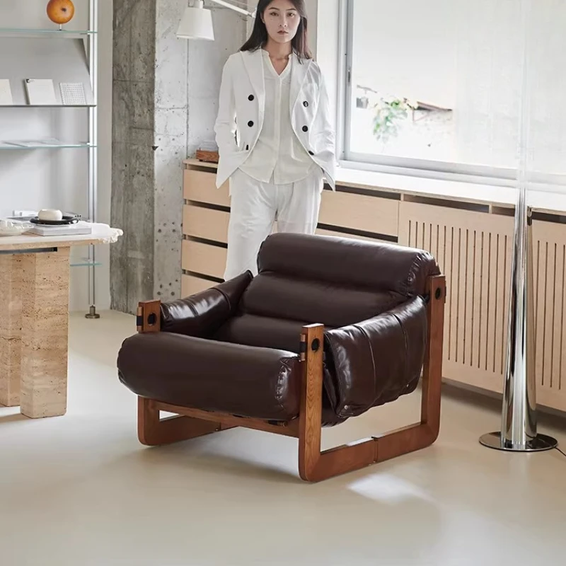 

Одноместный диван в стиле Mid-century, винтажный, из натуральной кожи, для балкона, домашний, из массива дерева, кресло для отдыха