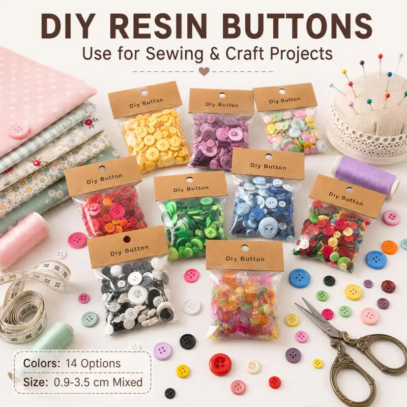 150g/Packung 0,9-3,5cm runde Harzknöpfe in gemischten Farben, handgefertigte Knöpfe mit 2/4 Löchern, geeignet für DIY-Nähzubehör. – Detail 1