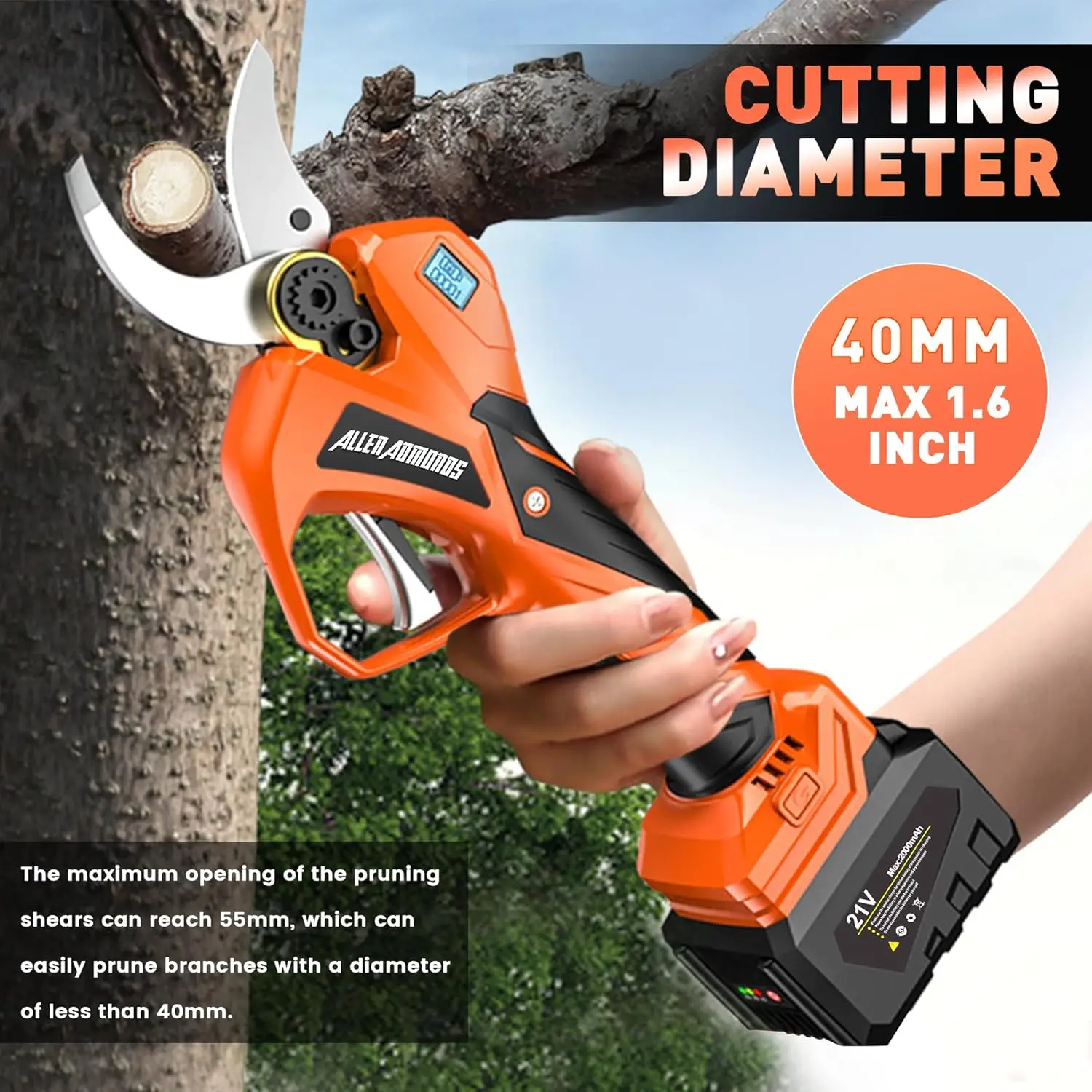 Pruning Shears, Brushless Cordless Pruning Shears 40mm Cutting Diameter, 2.0Ah Battery Powered Tree Branch Pruner, Branch Cutter