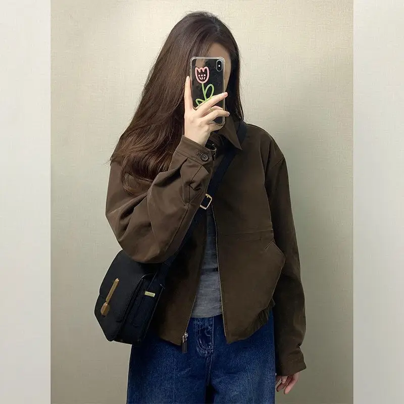 Autumn Winter Solid Color Women's Short Jacket New Leisure Flip Collar Outerwear Trendy Coat Retro Zipper Closure Women Clothing