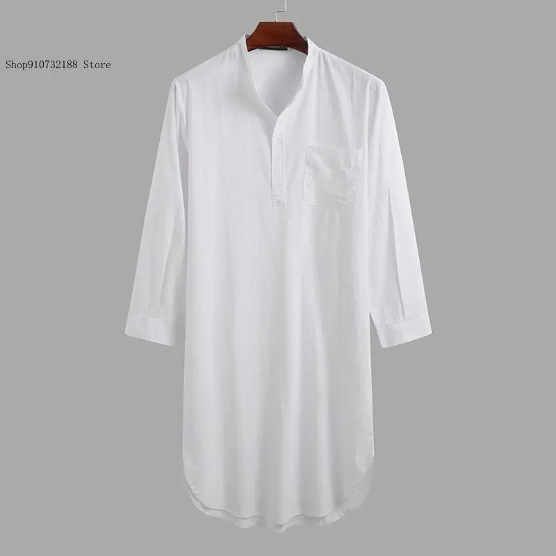 Solid Color Arab Muslim Button Up Long Sleeved Shirt and Long Nightgown for Men