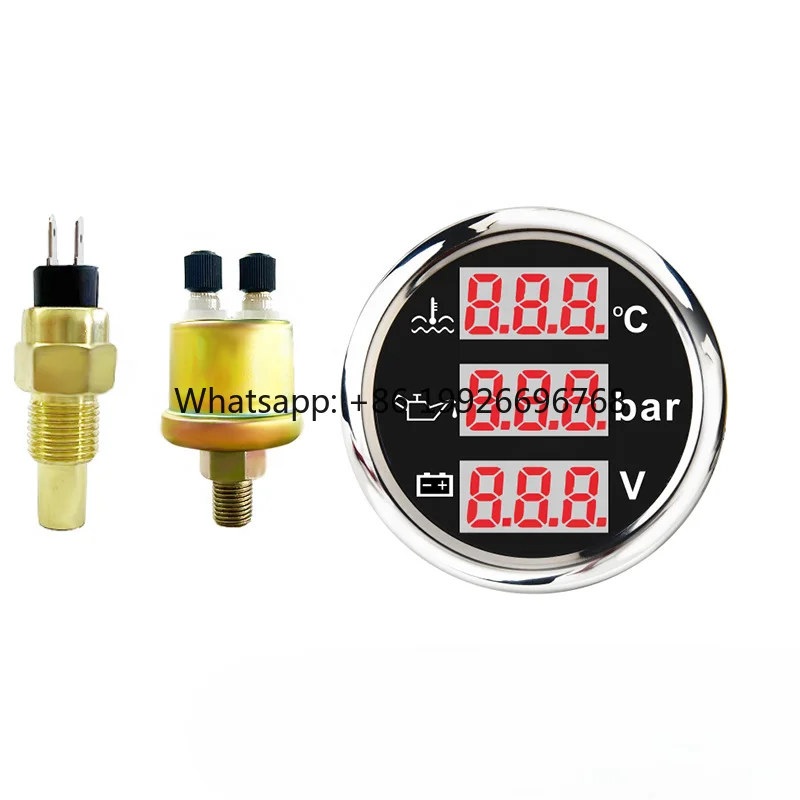 

52mm Digital 3 in 1 Waterproof Car Boat Gauge for 12V24v Water Temperature Oil Pressure Voltmeter Fuel Level With Alarm Signal