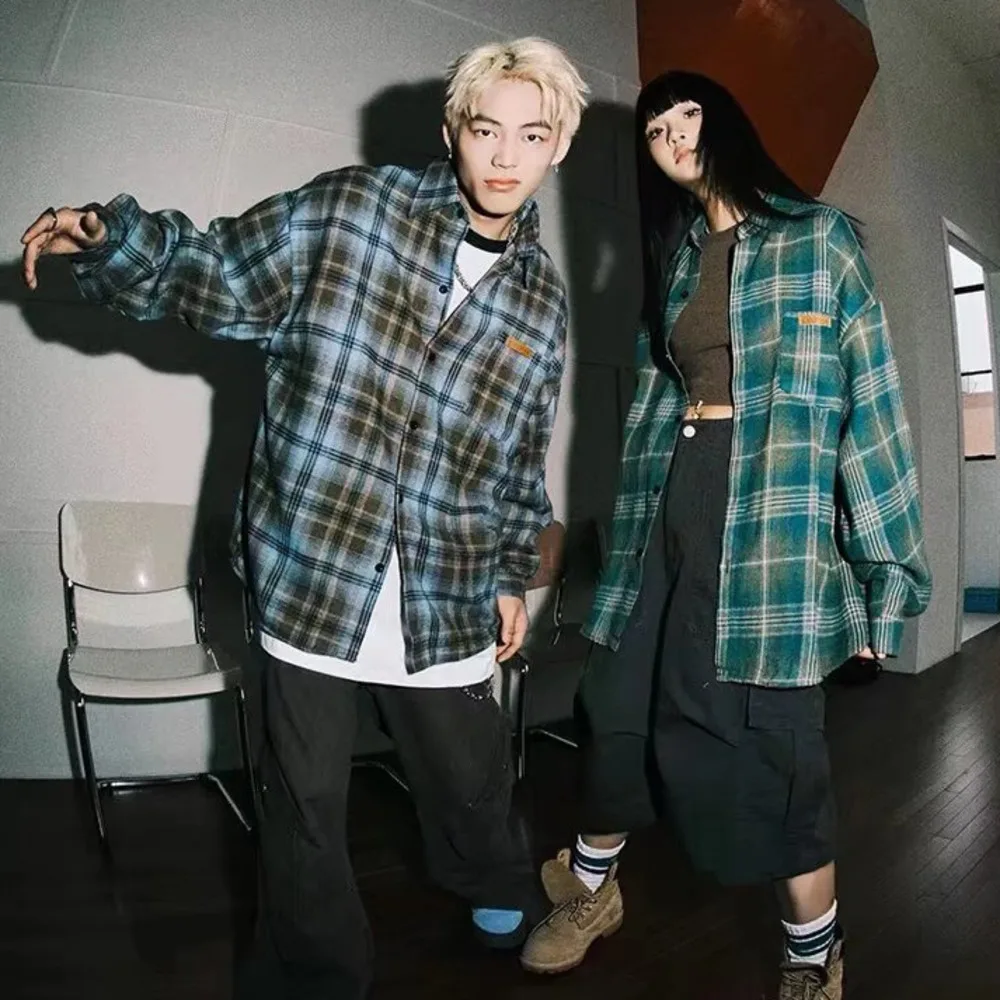 2025 Unisex High Street Checkered Shirt Long Sleeve Couples Casual Man And Women Top Drop Shoulder Design Urban Street Style