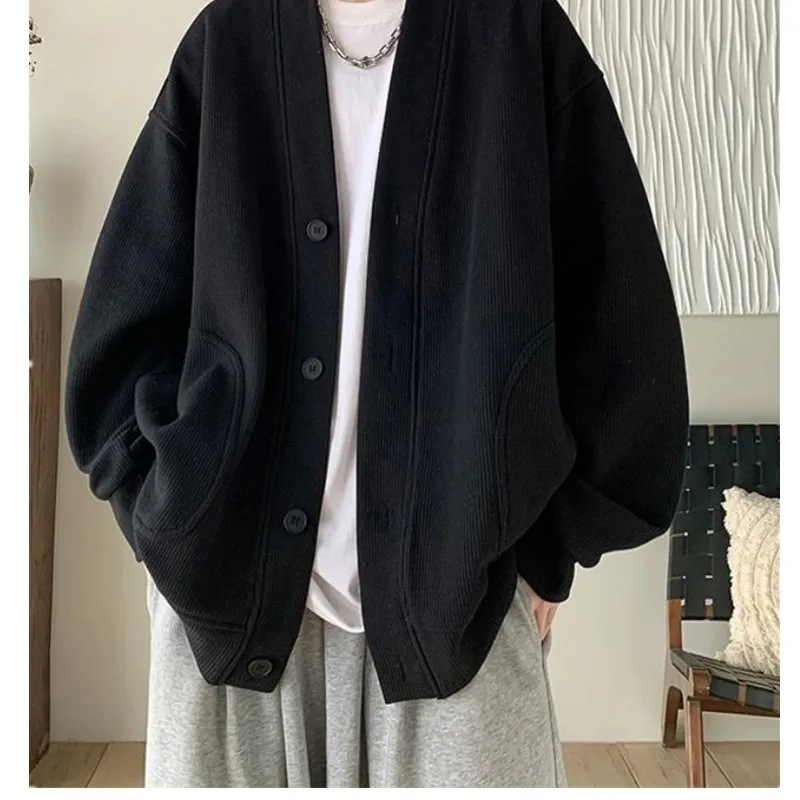 하이 엔드 남성 니트 스웨터 일본 게으른 스타일 봄 가을 재킷 두 개의 큰 주머니와 미국 복고풍 느슨한 캐주얼 코트