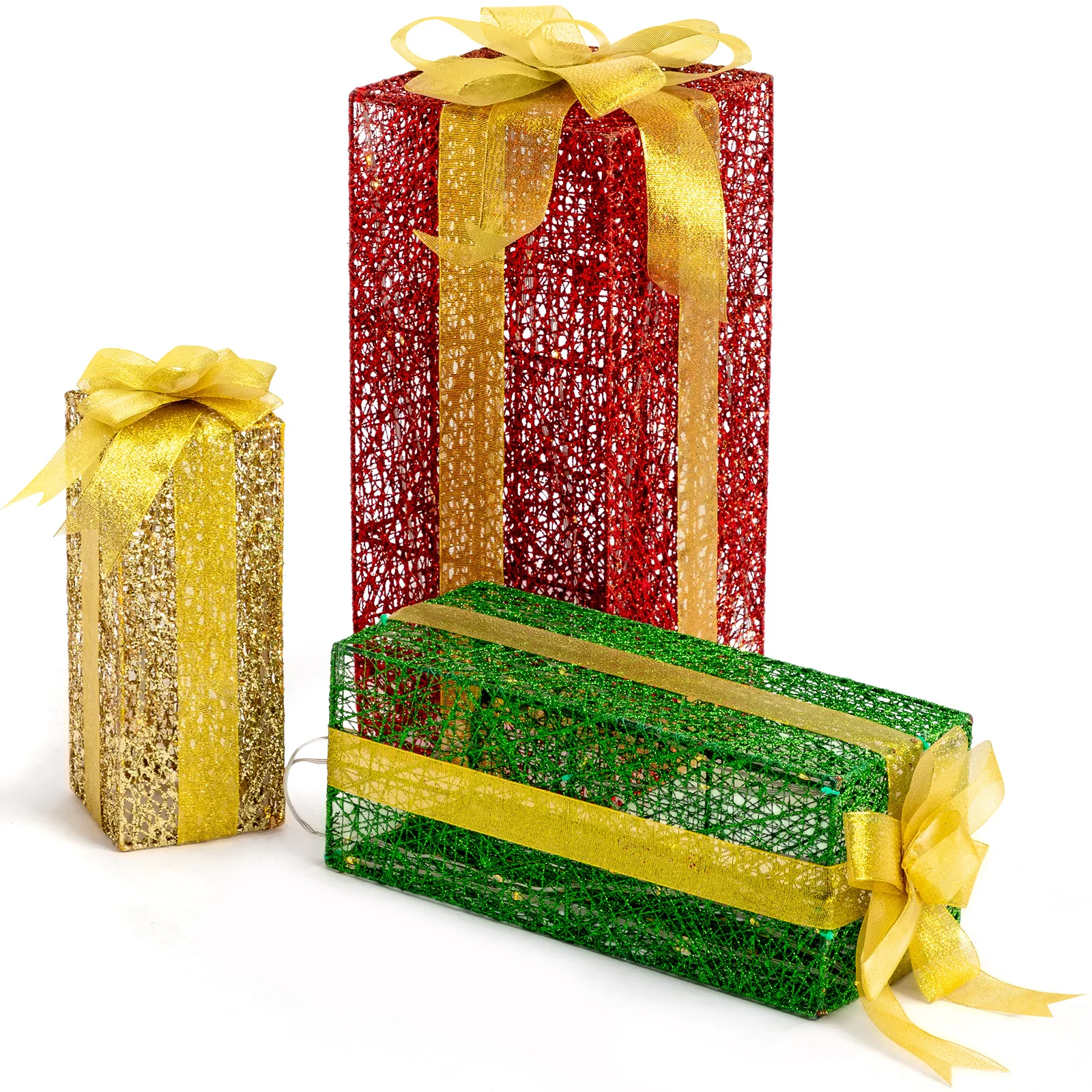 Lighted Gift Boxes Set of 3, Pre-lit Nestable Present Boxes Ornament with 90 LED Warm White Lights and Stakes