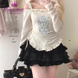 Mikumn Harajuku Cute Print Off Shoulder Crop Tops Women Japanese Y2k Long Sleeve Lace-up Drawstring Ruffles Kawaii Tee Shirt