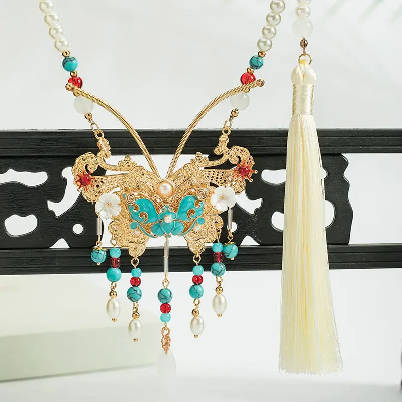 Luxury Ancient Chinese Hanfu Necklace Tang Dynasty Butterfly Pendant Long Necklaces with Tassel 2023 New