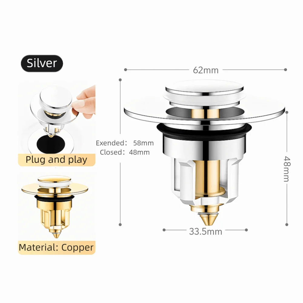 

Универсальная медная пробка для раковины с уловителем волос, всплывающий сливной фильтр, без перелива, противозасоряющаяся пробка для раковины, ванная комната