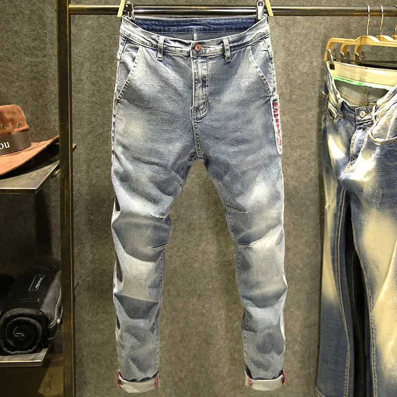 

New 2021 light-colored Denim jeans men's slim stretch young feet pants men's Korean style brand washed men's pencil pants