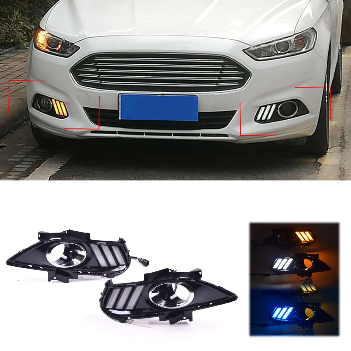 White Amber Blue LED DRL Daytime Running Light Driving Fog Lamp w/ Turn Signal For Ford Mondeo Fusion 2013 - 2016 Car Styling