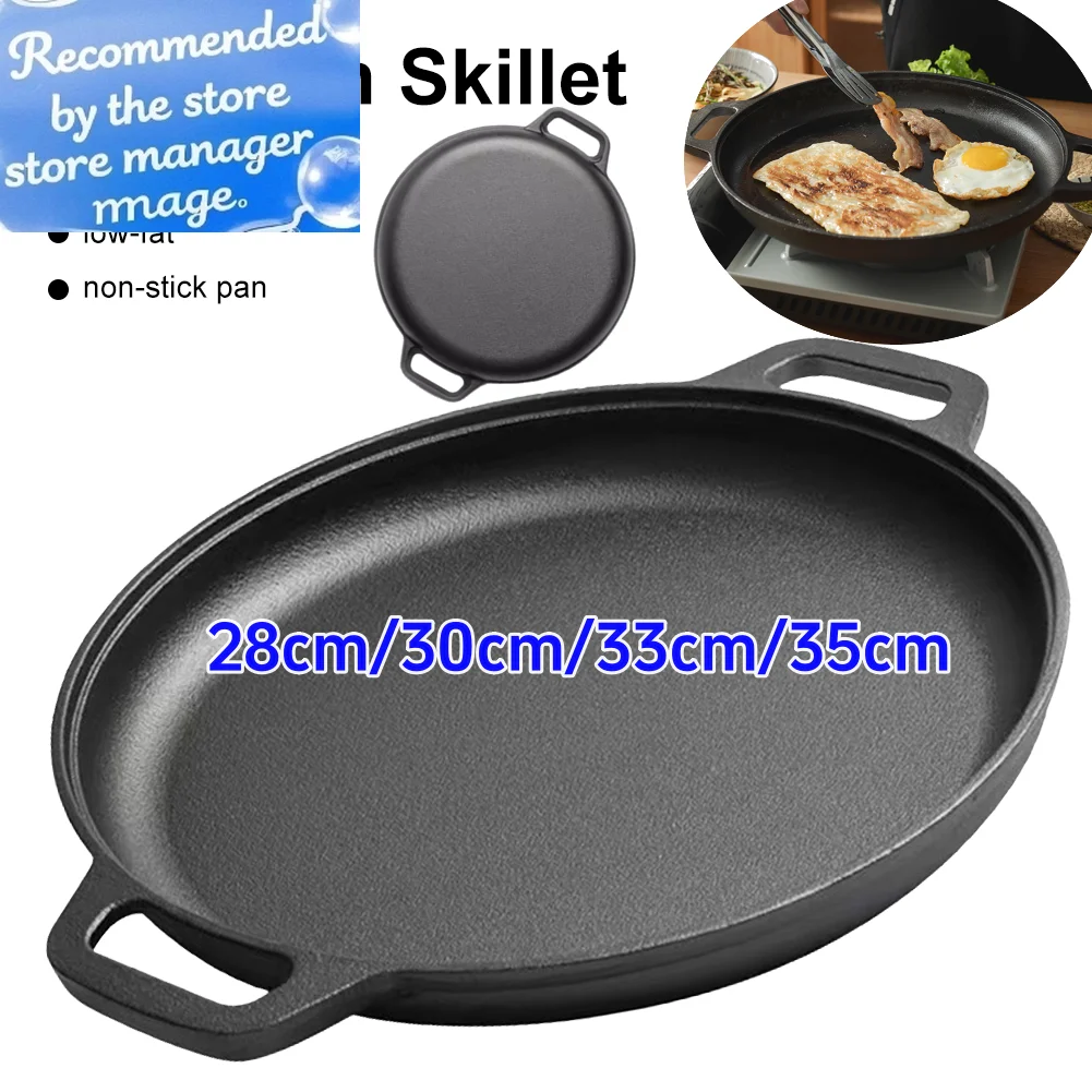 

Cast Iron Skillet Pan with Dual Handles Non-Stick BBQ Camping Fry Pan Steak Pork Chicken Cooking Pot Kitchen Outdoor BBQ Pan