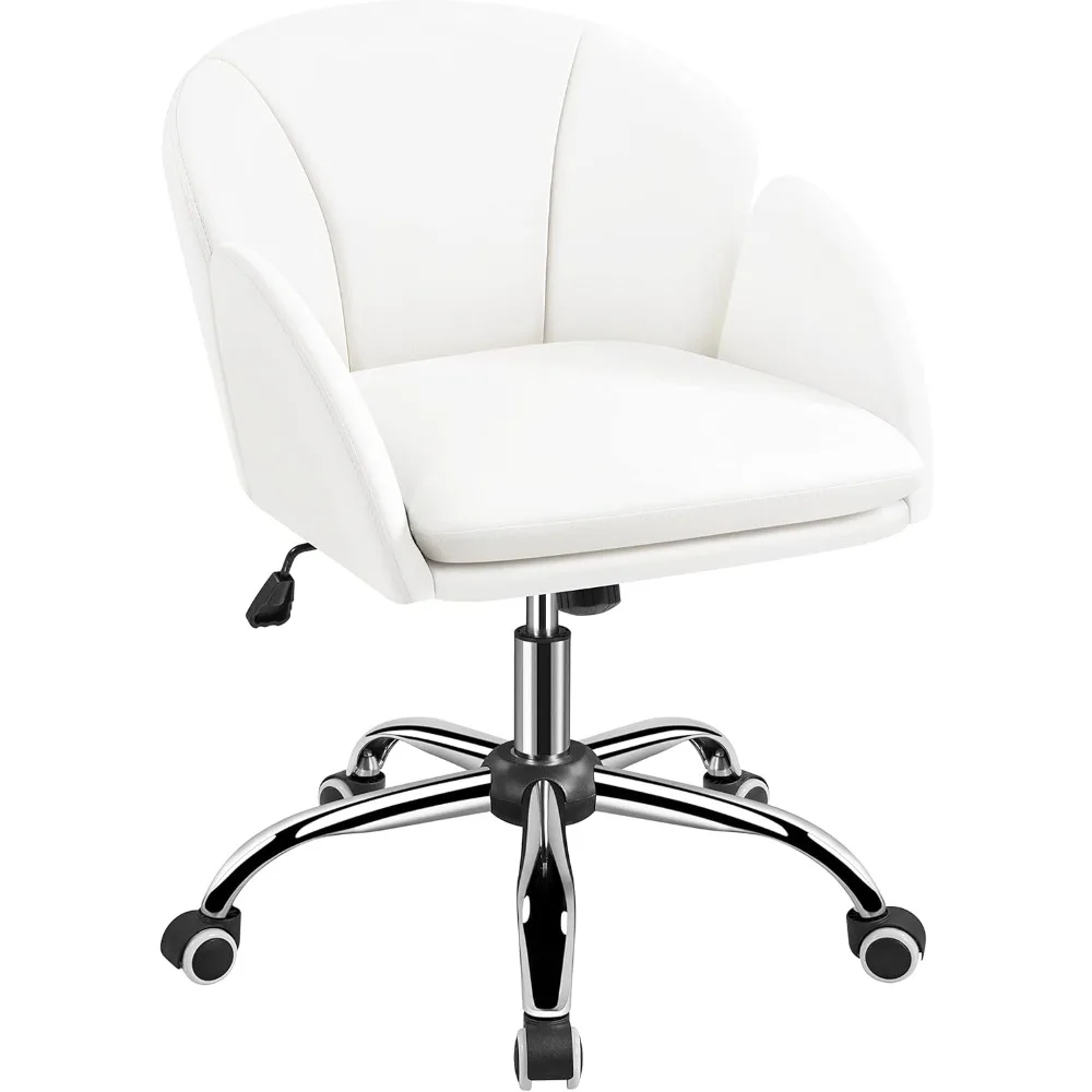 

White Desk Chair Vanity Chair with Back Modern Faux Leather Swivel Rolling Office Computer Armchair for Living Room, Bedroom