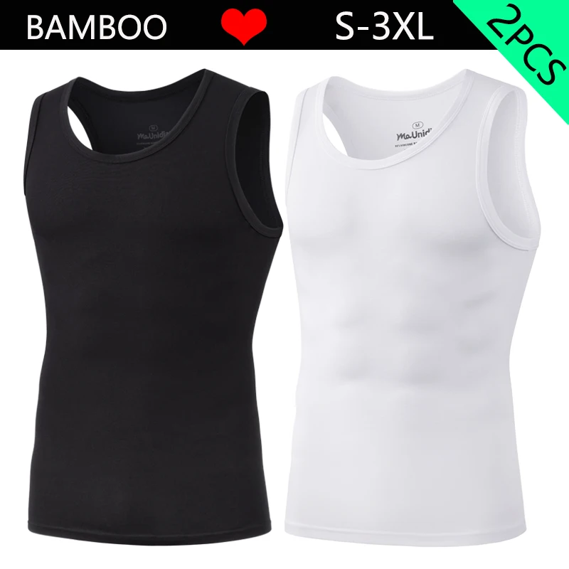 Paquete de 2 Camisetas sin Mangas para Hombre, Camiseta Deportiva, Chaleco Masculino de Color Sólido, Camisetas Interiores de Compresión, Tops Masculinos de Fibra de Bambú de Alta Calidad