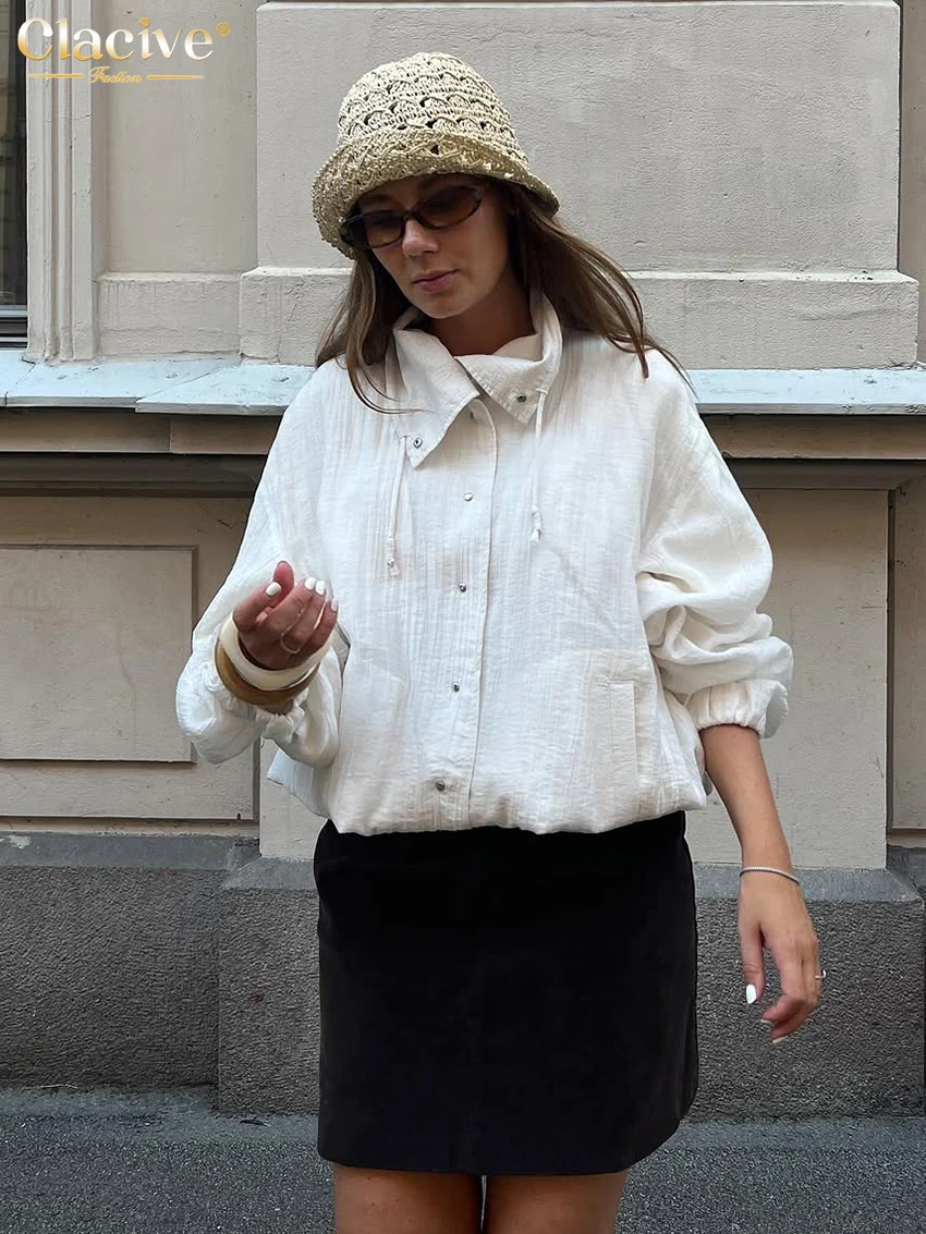 

Clacive Fashion Loose White Women's Coat 2025 Casual Lapel Long Sleeve Coat Elegant Classic Solid Top Female Clothing Streetwear